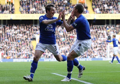 Leighton Baines celebrates with Phil Jagielka after scoring Everton's first goal